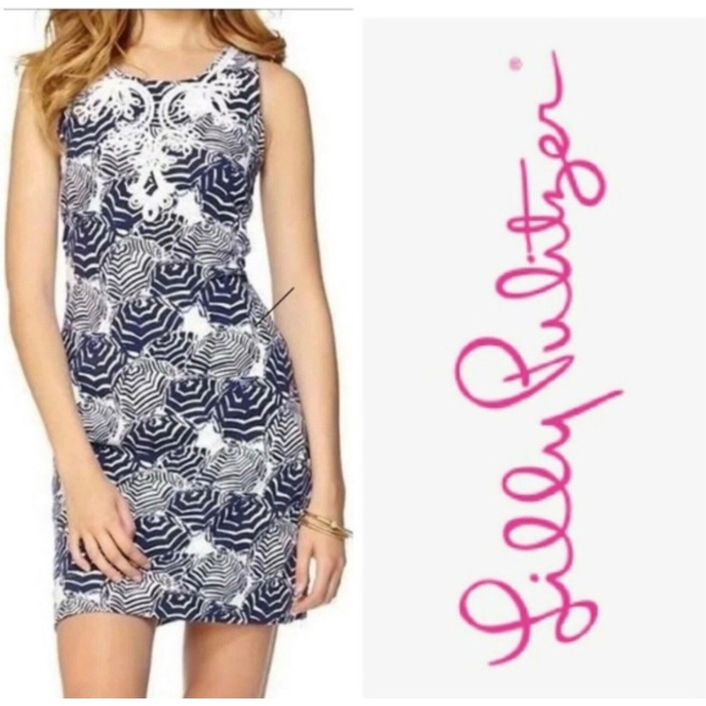 Lilly‎ Pulitzer Navy White Umbrella Print Soutache Shift Dress Womens XS
